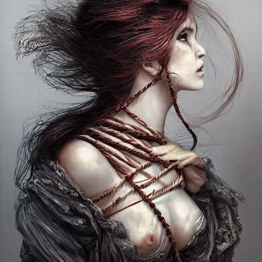 Image similar to portrait of a Shibari rope wrapped face and neck, headshot, insanely nice professional hair style, dramatic hair color, digital painting, of a old 13th century, traveler, amber jewels, baroque, ornate clothing, scifi, realistic, hyperdetailed, chiaroscuro, concept art, art by Franz Hals and Jon Foster and Ayami Kojima and Amano and Karol Bak,