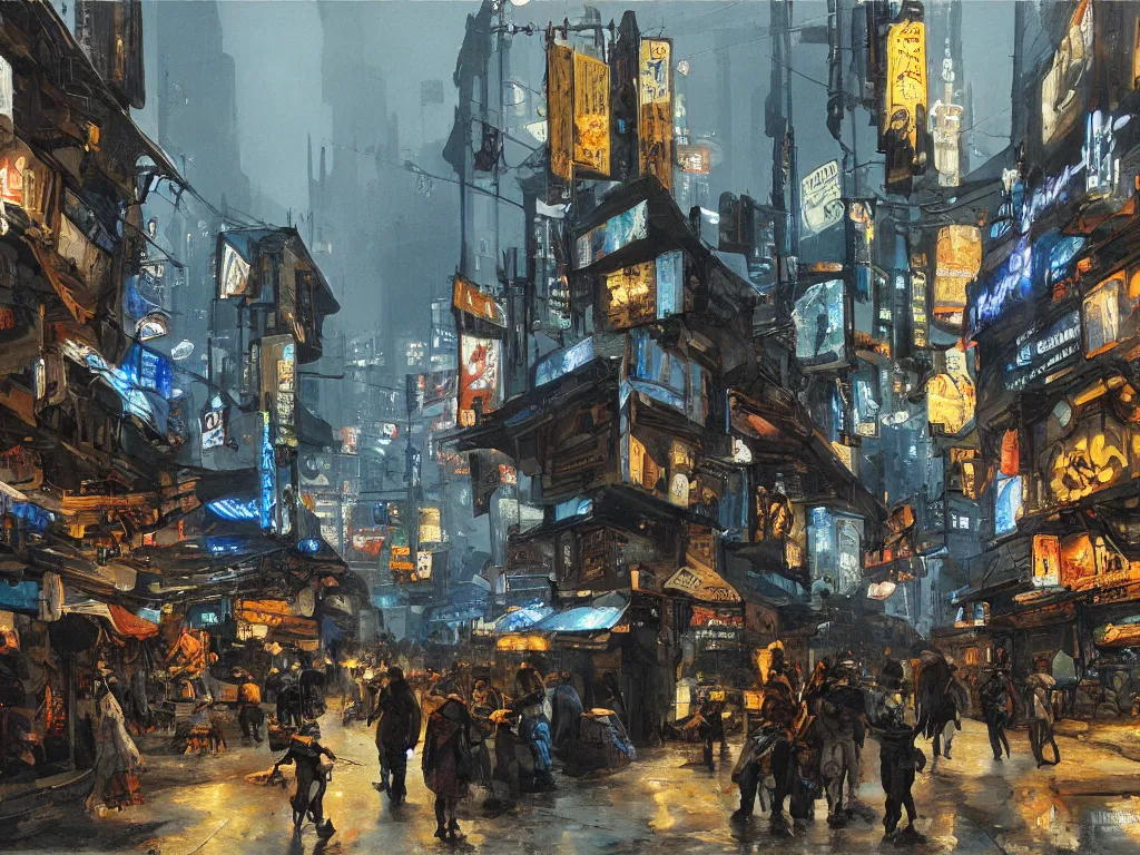 Prompt: street at maximum rush, with many travelers, merchants, hustlers, and thugs, marketplace, dark night, by George Luks, cyberpunk style, matte painting, concept art, blue color scheme