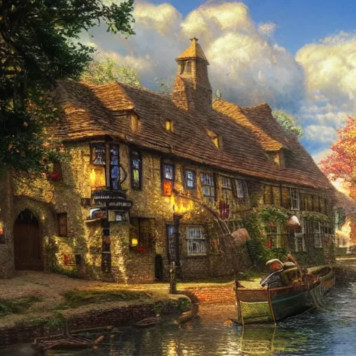 Prompt: a medieval British pub near a canal, cut into the side of a mountain, bright and sunny, cumulonimbus clouds, magical and glittery trees, golden hour lighting, by Thomas Kinkade and Ted Nasmith and Greg Rutkowski, trending on artstation, CGSociety