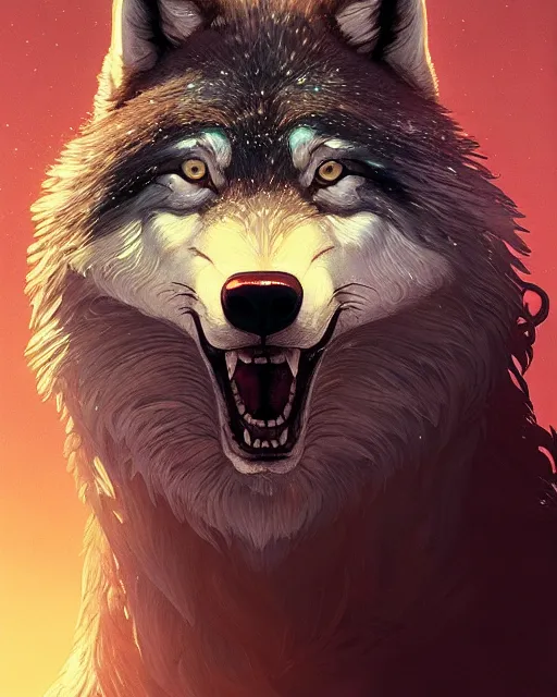 Image similar to highly detailed vfx portrait of a ferocious wolf, stephen bliss, unreal engine, greg rutkowski, loish, rhads, beeple, makoto shinkai and lois van baarle, ilya kuvshinov, rossdraws, tom bagshaw, alphonse mucha, global illumination, detailed and intricate environment