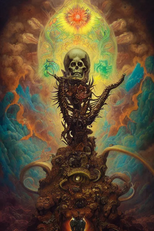 Image similar to gigantic skull psychedelic demonic cosmic of death and hell fire, fantasy painting, ultra realistic, wide angle, art nouveau, intricate details, rainbowshift, vivid colors, highly detailed by peter mohrbacher, h. r. giger, maxfield parrish, gustave dore, craig mullins, octane render, cgi