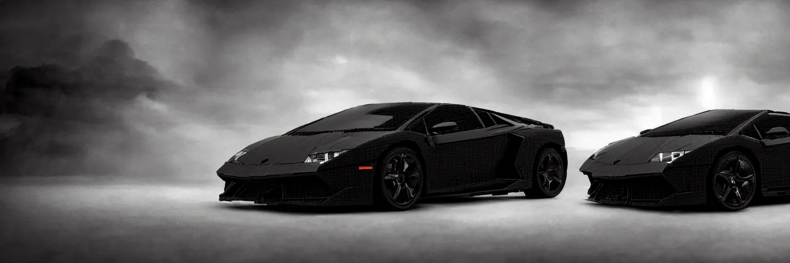 Image similar to black lego lamborghini. soft light. dark background. cinematic. intricate. close - up shot. highly detailed. matte painting in the style of craig mullins