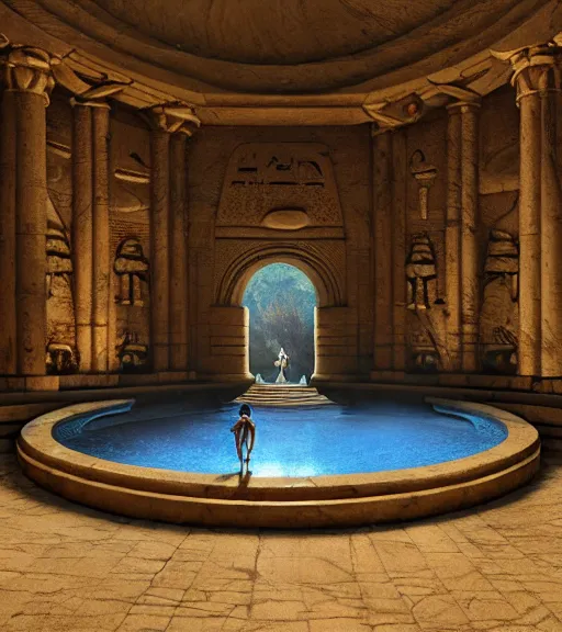 Prompt: fantasy movie scene greg rutkowski digital painting of an ornate and royal egyptian antechamber tomb, a circular pool with a galaxy inside, unreal engine, hyper realism, realistic shading, cinematic composition, blender render, octane render, hdr, detailed textures, photorealistic, ultrawide shot, 3 5 mm film