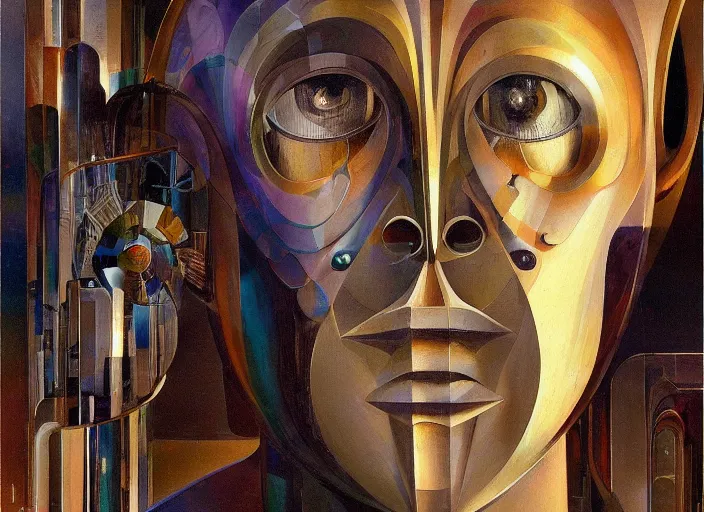 Image similar to a portrait headshot of sci fi metallic human, bright eyes, melancholic complex geometric figure liminal machinery by oskar schlemmer, moebius, john berkey, oil on canvas, portrait facial head, featured on artstation, hd wallpaper