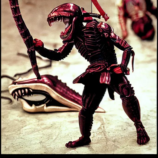 Image similar to xenomorph alien fighting with samurai warriors in feudal japan. 7 0 mm film