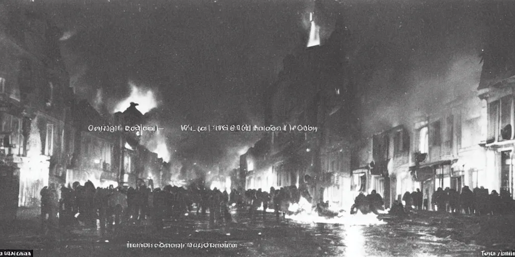 Image similar to a colour photo taken at night of saint - malo street on fire after a bombing in 1 9 4 5