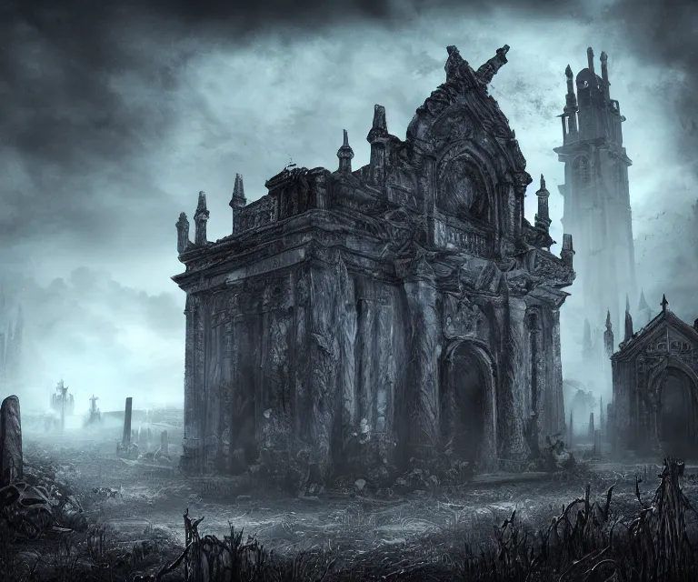 Image similar to a city of tombs and tombstones, graveyard landscape, ghostly spirits, giant grave structures, giant tomb structures, bloodborne, dark fantasy, digital art, fantasy art