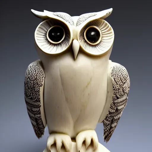 Prompt: symmetrical detailed sculpture of an owl, made of Smooth Ivory