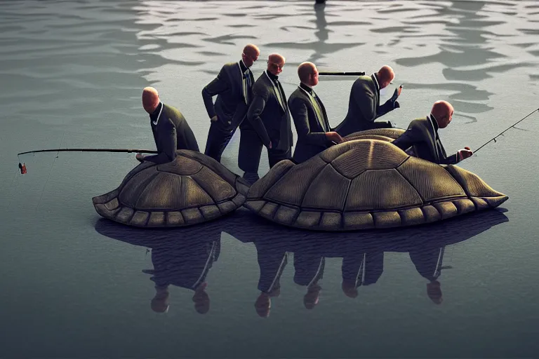 Image similar to hyperrealism photography simulation highly detailed human turtles'wearing detailed tuxedos and smoking, fishing in hyperrealism scene from cyberpunk movie from future by wes anderson and denis villeneuve and mike winkelmann rendered in blender and octane render