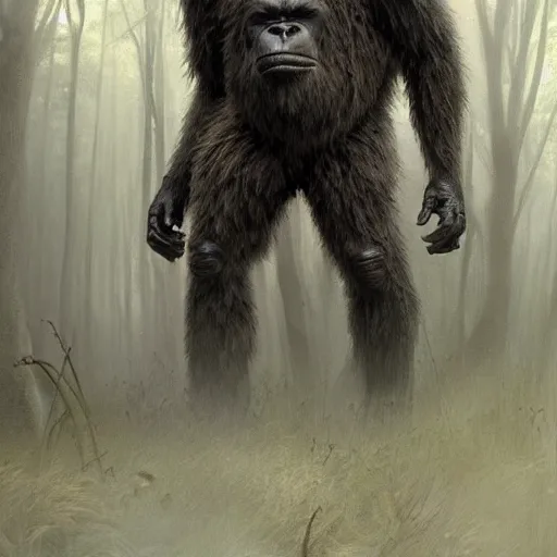 Image similar to Dark fantasy Painting of a huge bigfoot gorilla creature lurking in the misty forest, gloomy, full body, disgusting, creepy, unsettling, horror, intricate, wild, highly detailed, digital painting, artstation, concept art, smooth, sharp focus, illustration, art by artgerm and greg rutkowski and alphonse mucha