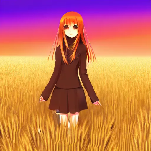 Image similar to digital illustration of Holo from Spice and Wolf standing in a wheat field at sunset, Holo is a wolf girl, high detail, trending on pixiv