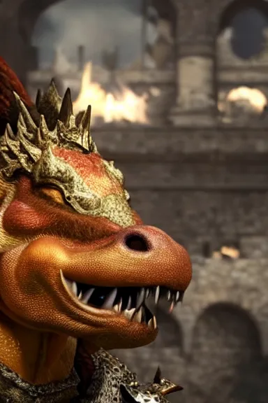 Image similar to very very intricate photorealistic photo of bowser in an episode of game of thrones, photo is in focus with detailed atmospheric lighting, award - winning details