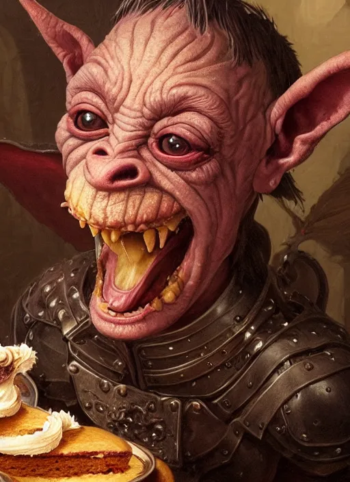 Image similar to highly detailed closeup portrait of a medieval goblin eating cakes, stephen bliss, unreal engine, greg rutkowski, ilya kuvshinov, ross draws, hyung tae and frank frazetta, tom bagshaw, tom whalen, nicoletta ceccoli, mark ryden, earl norem, global illumination, god rays, detailed and intricate environment