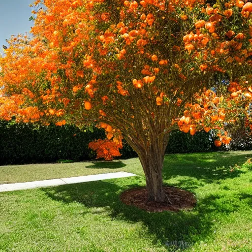 Image similar to orange tree photo background of a suburban back yard, sunlight, highly detailed
