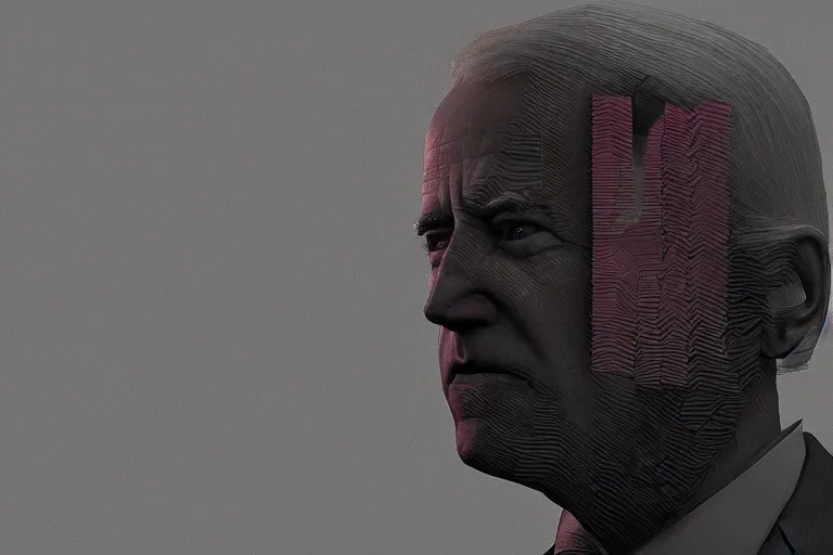 Image similar to creepy joe biden portrait stuck in the matrix, glitchy, buggy, playstation 1 graphics, low poly 3 d render, creepypasta, volumetric lighting, scary, award - winning, detailed, weird, close - up, featured on artstation,