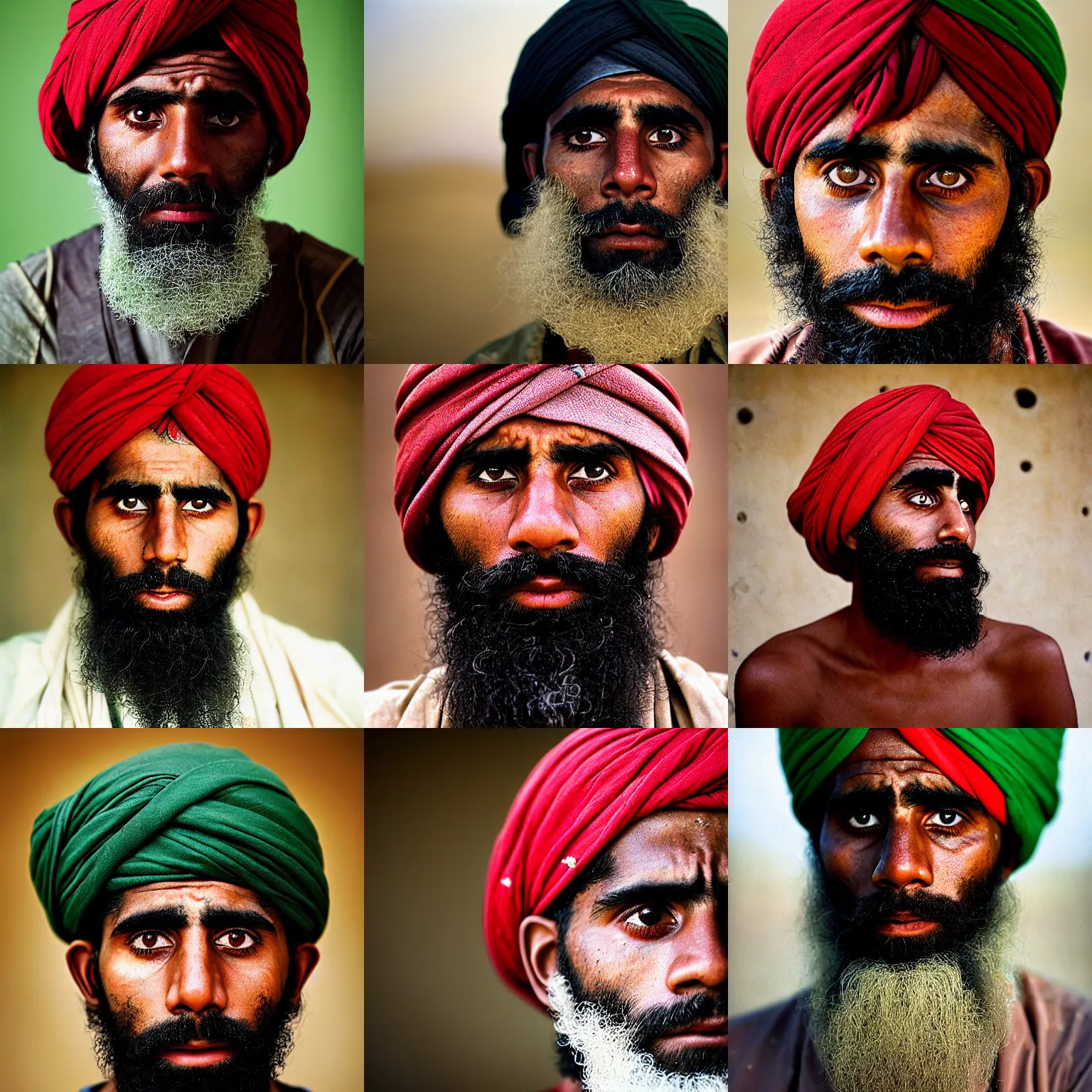 Prompt: portrait of kyrie irving as afghan man, green eyes and red turban looking intently, photograph by steve mccurry