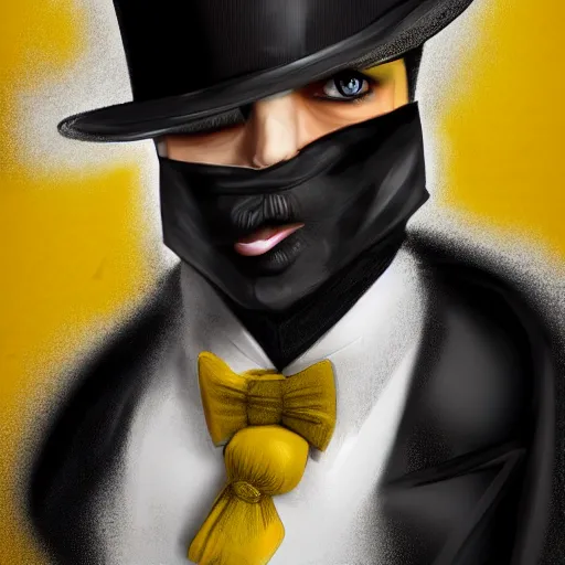 Image similar to a highly detailed portrait of a man in a high top hat covering his face, in a black tailcoat with a yellow waistcoat under the tailcoat, artstation, deviantart, professional, unreal engine 5, photorealistic