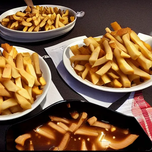 Image similar to a very realistic picture of a hot poutine the canadian dish, ultra realistic, hyper detail,
