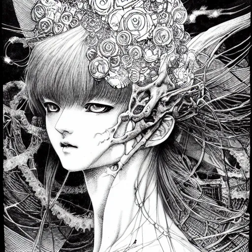 Image similar to prompt: Fragile looking vessel portrait soft light drawn by Vania Zouravliov, inspired by Akira 1988 anime, magical and alchemical weapons, soft light, white background, intricate detail, intricate ink painting detail, sharp high detail, manga and anime 2000