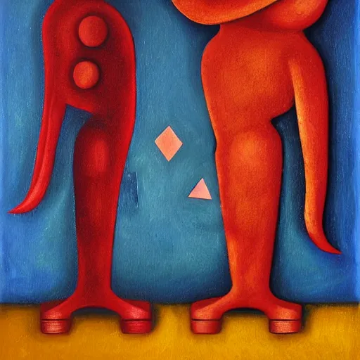 Image similar to Oil painting by Rufino Tamayo. Two mechanical gods with animal faces having a conversation. Oil painting by Lisa Yuskavage.