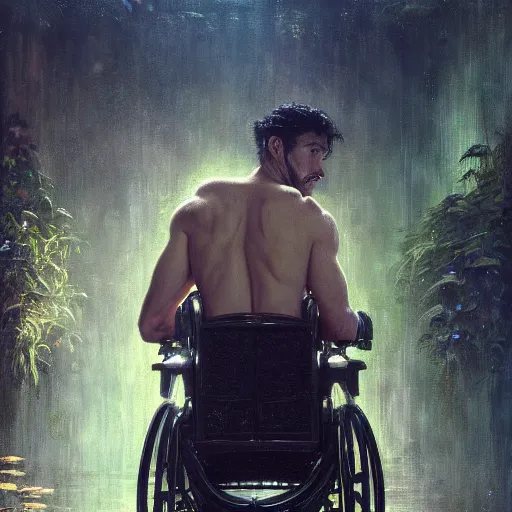 Prompt: handsome portrait of a wheelchair guy fitness posing, radiant light, caustics, war hero, smooth, one legged amputee, reflective water koi pond, ghost in the shell, lush garden surroundings, by gaston bussiere, bayard wu, greg rutkowski, giger, maxim verehin