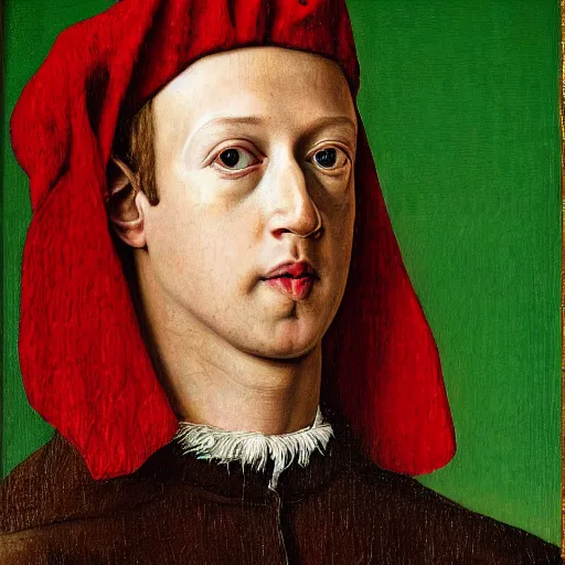 Prompt: portrait of mark zuckerberg, oil painting by jan van eyck, northern renaissance art, oil on canvas, wet - on - wet technique, realistic, expressive emotions, intricate textures, illusionistic detail