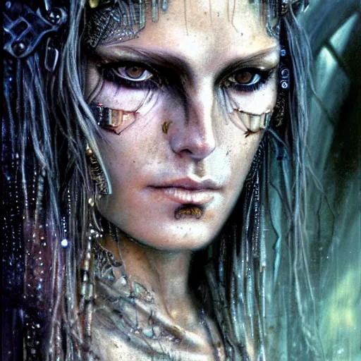 Prompt: an award finning closeup facial portrait by luis royo and john howe of a very beautiful and attractive female bohemian cyberpunk traveller aged 6 0 0 years old with green eyes and freckles in clothed in excessively fashionable cyberpunk gear and wearing ornate warpaint