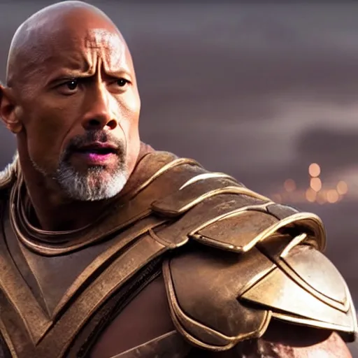 Image similar to film still of Dwayne Johnson playing Heimdall in Thor, 4k