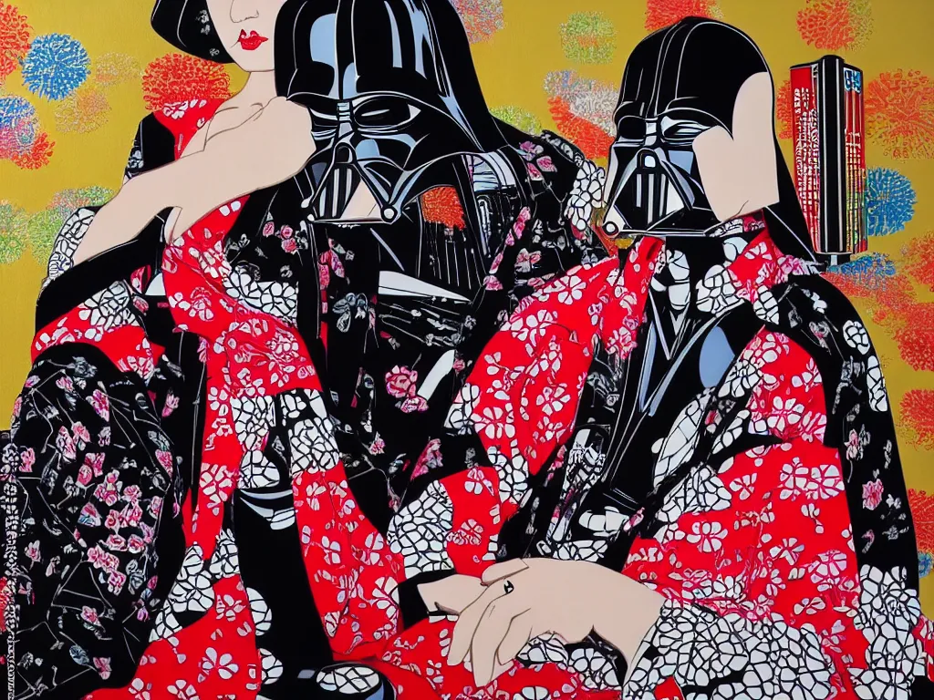 Image similar to hyperrealism composition of the detailed woman in a japanese kimono sitting at an extremely detailed poker table with darth vader, fireworks on the background, pop - art style, jacky tsai style, andy warhol style, acrylic on canvas