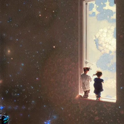 Image similar to a 1 2 year old boy and 1 0 year old girl looking at a wall and viewing the universe full of galaxies, part by norman rockwell, part by greg rutkowski, part by mattias adolfsson, high angle, ( ( ( ( volumetric lighting ) ) ) ), oil on canvas - 7 6 8