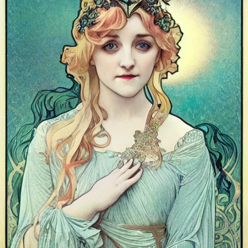 Image similar to evanna lynch portrait by louis - theophile hingre and alphonse mucha, realistic, sharp focus, zodiac signs, tarot cards, planets, ethereal, art nouveau, magic, moon, sun, crown, dreamy, royal, jewellery