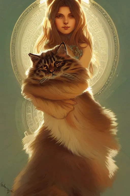 Image similar to symmetry!! girl with siberian cat!!, intricate, elegant, highly detailed, digital painting, artstation, concept art, smooth, sharp focus, illustration, art by artgerm and greg rutkowski and alphonse mucha, 8 k