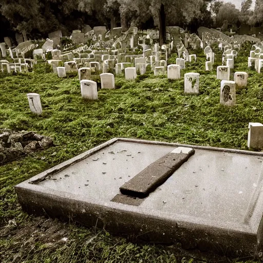 Prompt: The land art shows a grave that has been flooded with water. The grave is located in a cemetery in Italy. The water in the grave is dirty and there is trash floating in it. The grave is surrounded by a fence. by Johannes Voss desaturated