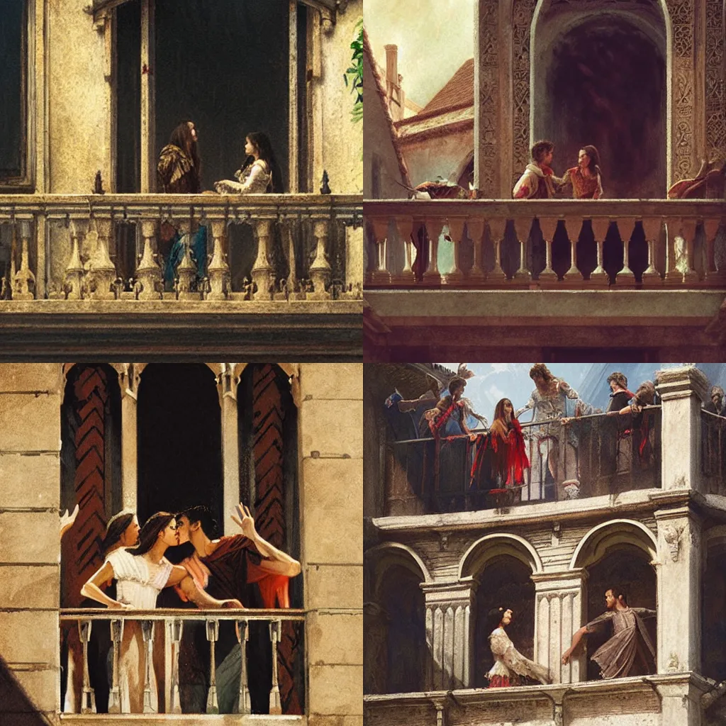 Prompt: the balcony scene from Romeo and Juliet, illustrated by Greg Rutkowski