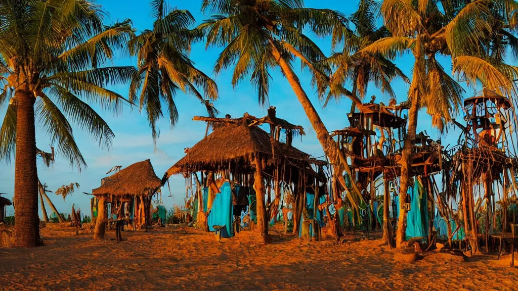 Image similar to west african village on stilts, solar punk, solar panels, strangler fig, turquoise beach, dragon blood tree, sunset, ornate gothic window details, cinematic,