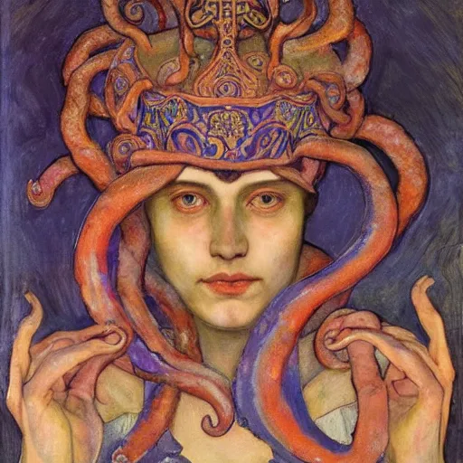 Image similar to the tentacle crown, by Annie Swynnerton! and Nicholas Roerich and (((Diego Rivera))), bioluminescent skin, tattoos, elaborate costume, geometric ornament, symbolist, rich colors, dramatic lighting, smooth, sharp focus, extremely detailed