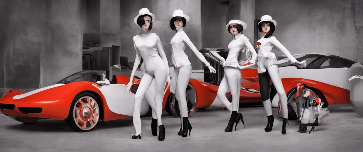 Image similar to a wide angle shot of a clockwork orange female droog gang, beautiful soft features, designed by artgerm and a red pininfarina sportscar in the background hdr, 8 k, hyperrealistic, volumetric lighting