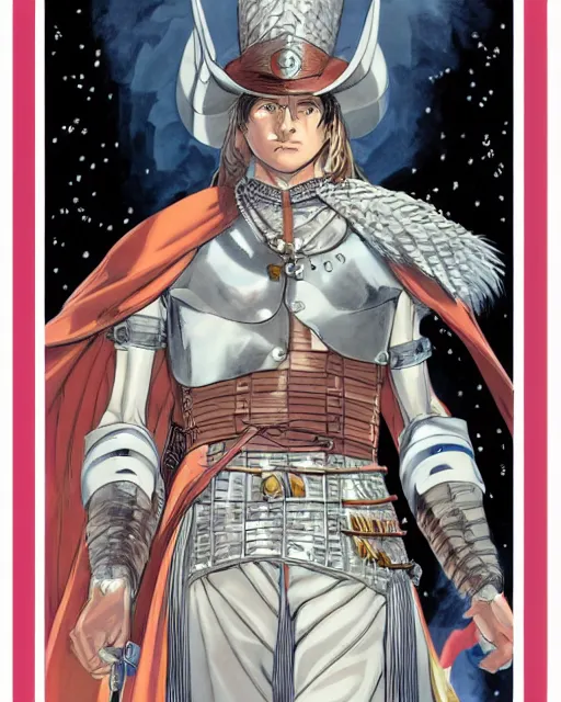 Image similar to illustration of a spanish conquistador, art by takeshi obata and clay mann, studio ghibli color cheme, portrait, tarot card