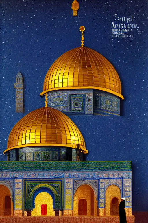 Prompt: a beautiful oil painting flyer design illustration of dome of the rock jerusalem and a silhouette of muslim is praying to god in front of it, intricate, elegant, glowing lights, highly detailed, digital painting, artstation, concept art, smooth, sharp focus, illustration, in the style of martin johnson heade and mark ryden