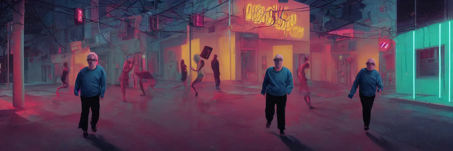 Image similar to weird and disturbing portrait of todd solondz running scared in the streets of tel aviv, vivid colors, neon, art by gregory crewdson and artgerm and wlop and william - adolphe bouguereau