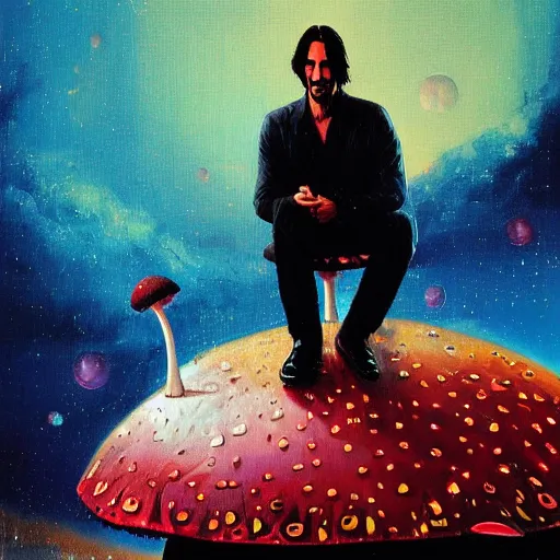 Image similar to Keanu Reeves sitting on a giant mushroom by paul lehr