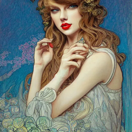 Image similar to romantic painted portrait of taylor swift by james jean, mucha, masterpiece