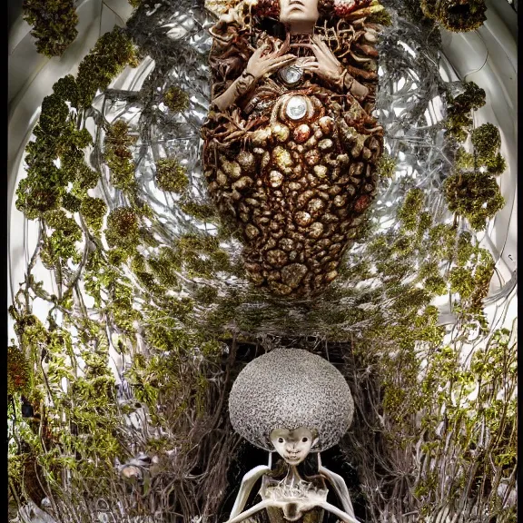 Image similar to symmetric frame from Prometheus, biomechanical gaia, by guo pei and alexander mcqueen metal couture editorial, in mycelium macro mushroom hanging garden by giger by utagawa kuniyoshi by Yuko Shimizu