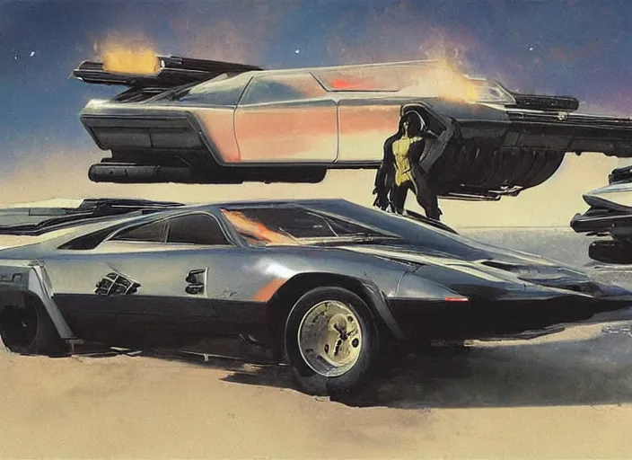 Prompt: ( ( ( ( ( knight rider kitt, car concept art, sci - fi illustration, painting, in the style of speed racer ) ) ) ) ) by vincent di fate and john berkey and syd mead!!!!!!!