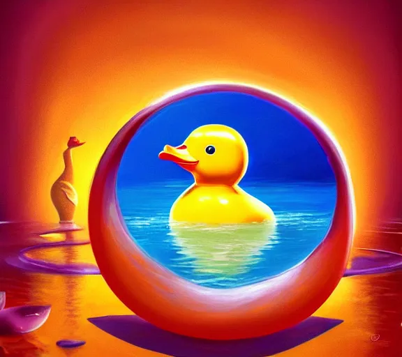 Prompt: shiny gemstone in the shape of a rubber duck floating in a pool of perfume, photorealism, mystical, enigmatic, digital oil painting, trending on artstation