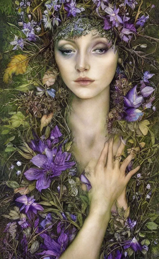 Image similar to fey queen of the summer forest, dress of leaves, fine features, thin, young, clothed, silver shimmering hair, by brian froud, stars, night colors, night, darkness, purple blue black, oil on canvas, oil panting