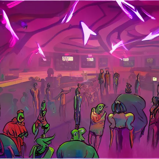 Image similar to nightclub with aliens dancing, highly detailed, artstation, digital painting