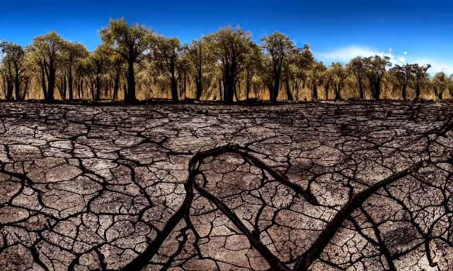 Prompt: panorama of a cloudless rain above a dried up river in a desolate land, dead trees, blue sky, hot and sunny, big raindrops, highly-detailed, elegant, dramatic lighting, artstation, 4k, cinematic landscape, photograph by Elisabeth Gadd