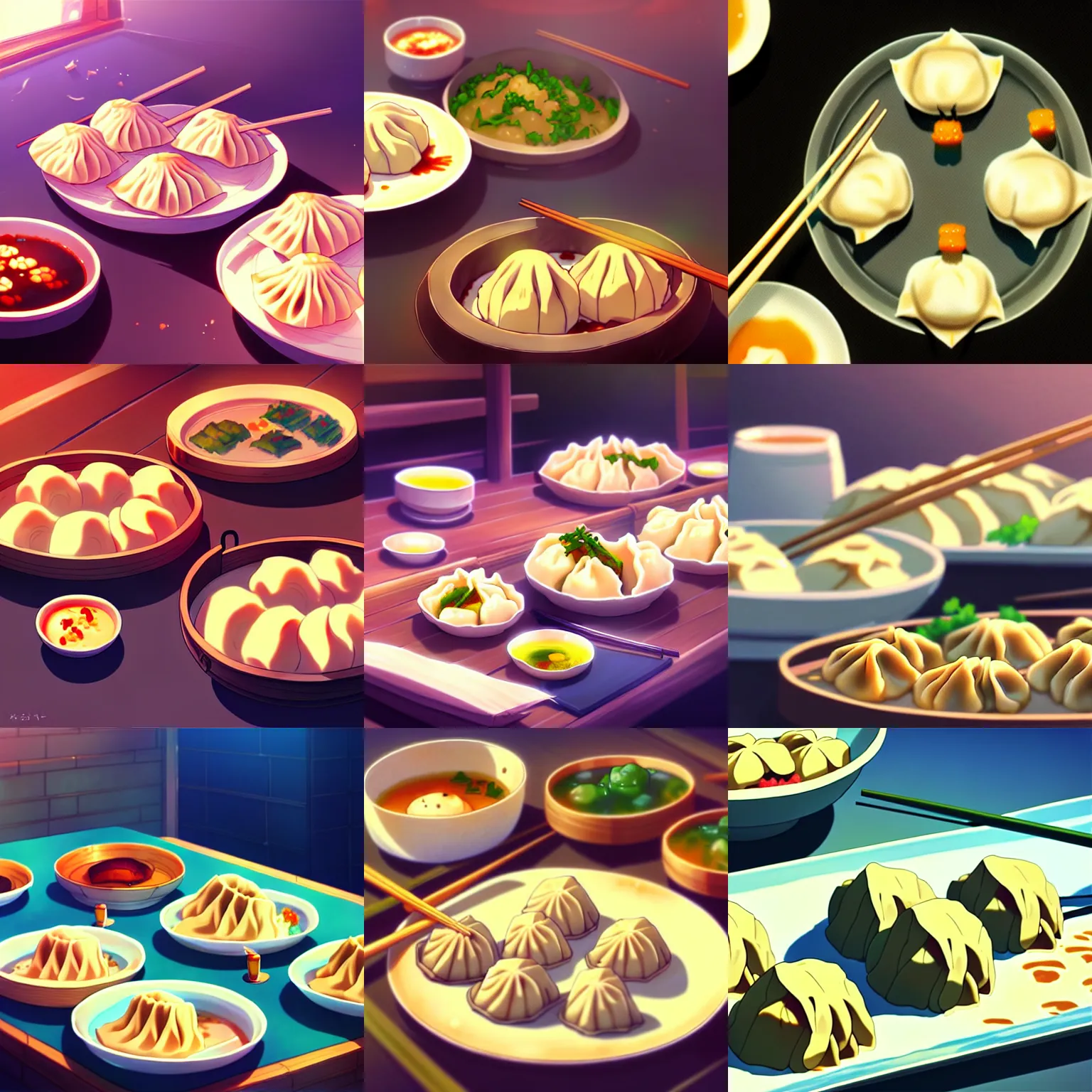 Prompt: delicious and tasty dumplings, animation, by makoto shinkai, digital art, illustrations