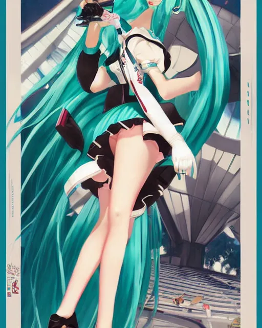 Image similar to Hatsune Miku full body pin up modeling in idol unioform, with a park in the back ground, post war style, detailed face, american postcard art style, by Gil Elvgren and krenz cushart